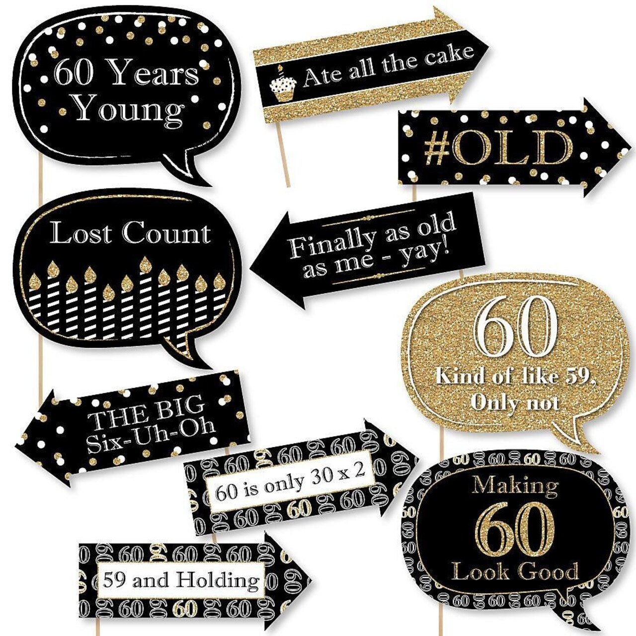 Big Dot of Happiness Funny Adult 60th Birthday - Gold - Birthday Party Photo Booth Props Kit - 10 Piece